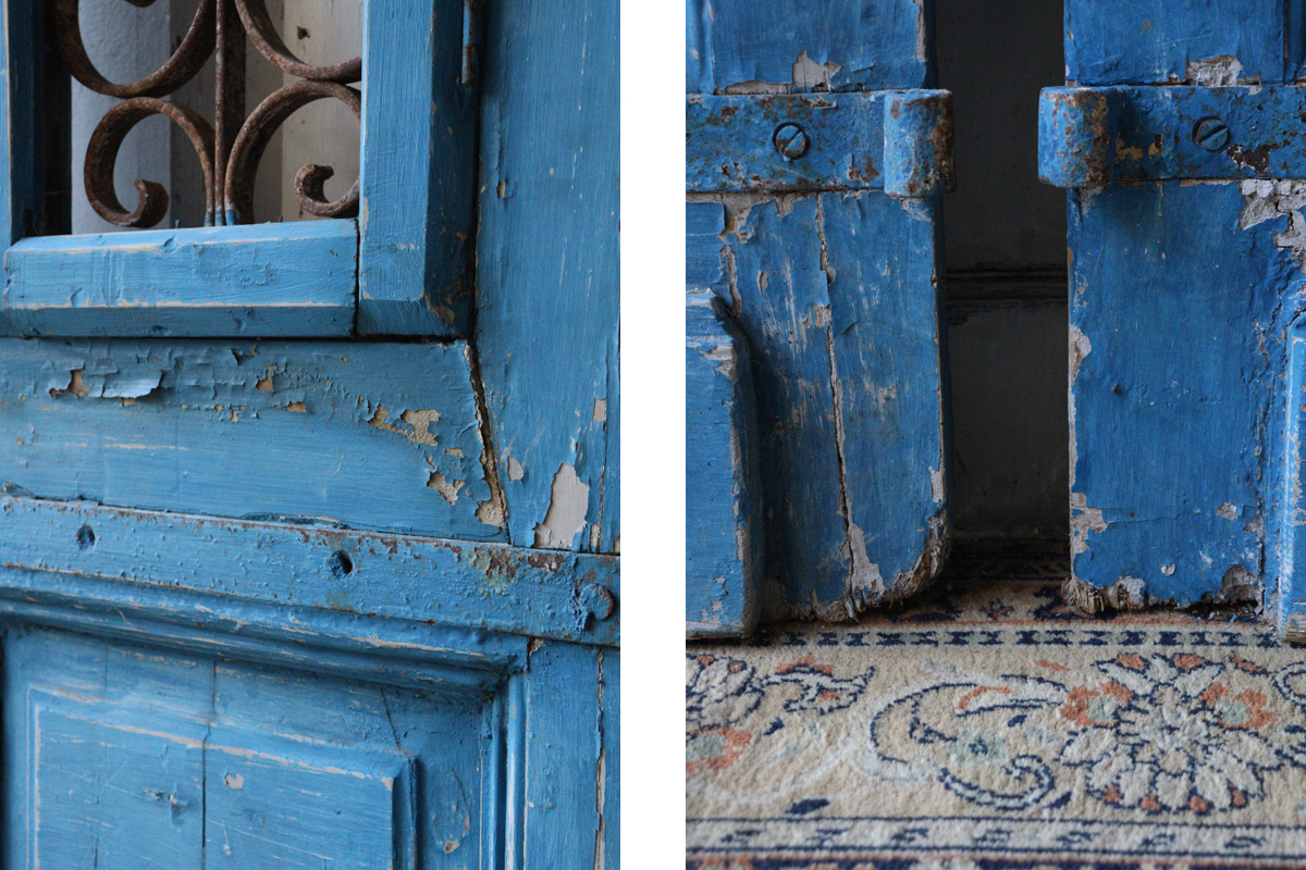 E121-1 フランスアンティーク アイアン装飾がはめ込まれたブルーの